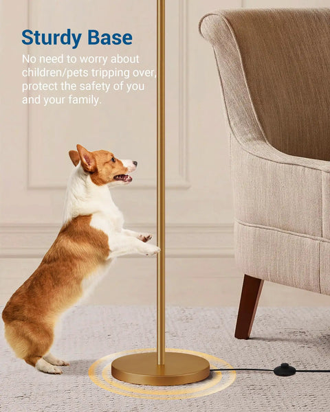 Corgi near sturdy base of Black Arched Floor Lamp With Linen Drum Shade Tall Industrial Standing Lamp For Living Room Bedroom Or Office