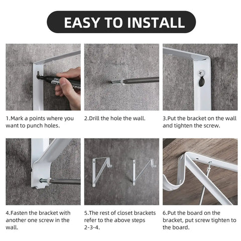 Installation guide for Built Tough Closet Rod Brackets And Shelf Supports 10 Pack Heavy Duty Steel Mounts in six steps.