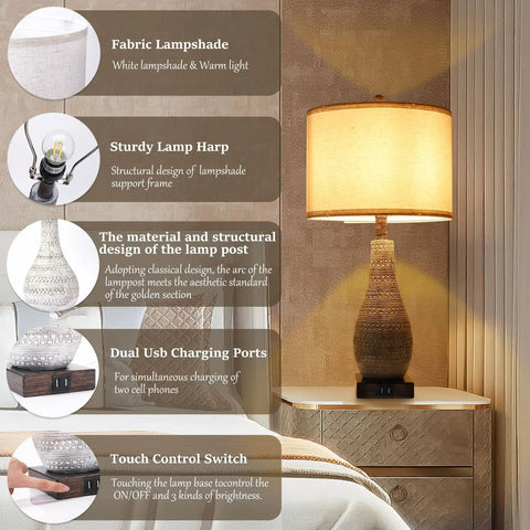 Modern Table Lamp Set For Bedroom Two Pack With Touch Control And 3 Way Dimmable Lighting Fabric Shade For Cozy Nightstand Vibe Reading Lights For Living Room Home Office Includes Two LED Bulbs