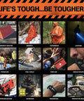 Collage of 48 Hour Survival Kit With 228 Pieces Of Go Bag Gear for emergency prep, including tent, blanket, water filter, and first aid.