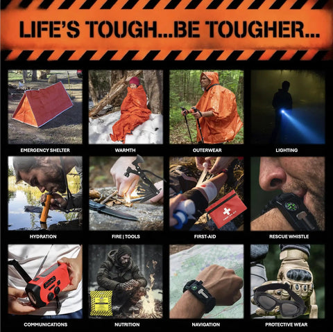 Collage of 48 Hour Survival Kit With 228 Pieces Of Go Bag Gear for emergency prep, including tent, blanket, water filter, and first aid.