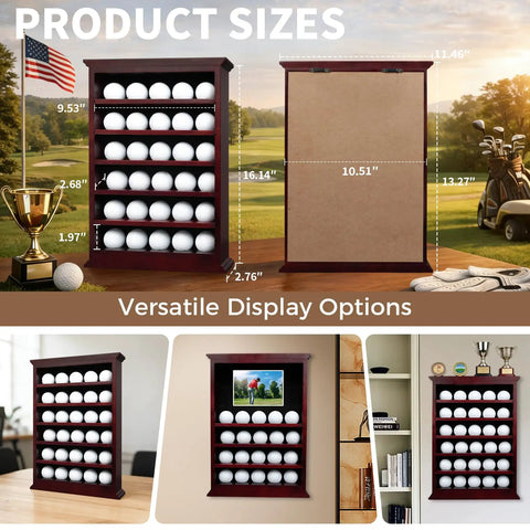 Solid Wood Golf Ball Display Case Open Design No Door Wall Rack Cabinet For 30 Balls In Rich Mahogany Finish With Detachable Shelves, product size and versatile display options shown.
