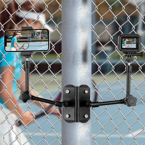 Magnetic Camera Fence Mount for GoPro, Mevo Start, Insta360 Pocket 3, and iPhone with two 1/4-20 slots and magic arms on chain-link fence