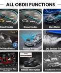 YA101 Upgraded OBD2 Scanner Auto Code Reader showing all functions including Live Data, O2 Sensor Test, and EVAP System Test