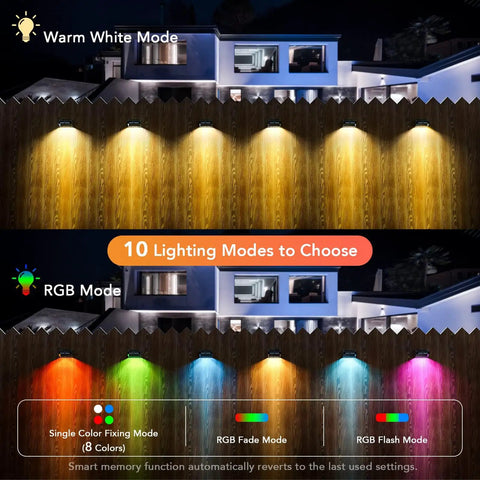 Solar Fence Lights 6 Pack With Warm White And RGB Color Glow Outdoor LED Wall Lights for deck showing warm white and RGB modes