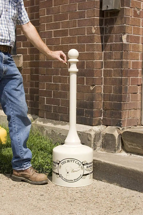 Outdoor Smokeless Cigarette Butt Receptacle In Galvanized Steel With Lid 5 Gallon Capacity 40 Inch Tall 12 Inch Diameter Beige US Made Built Tough For Rain Proof Odor Control And Easy Cleaning outside building