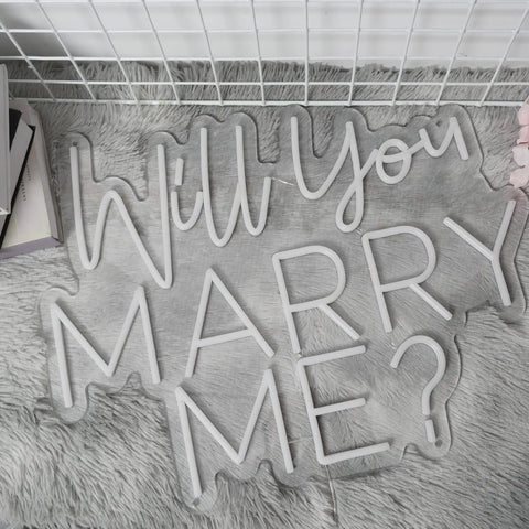 Will You Marry Me Neon Sign LED Proposal Light with Acrylic Backboard on gray rug