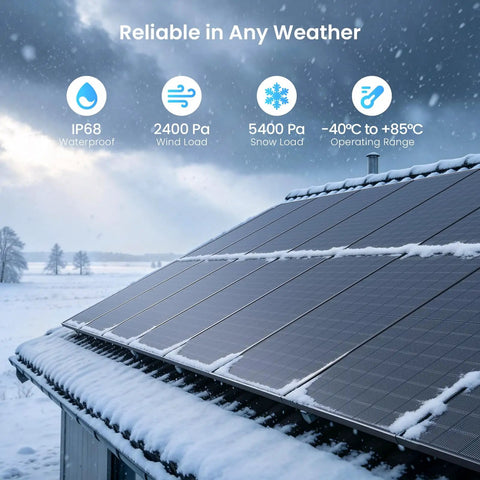 Bang For Buck Killer Energy 450W Bifacial Solar Panels 2 Pack installed on snowy roof showing IP68 waterproof rating.