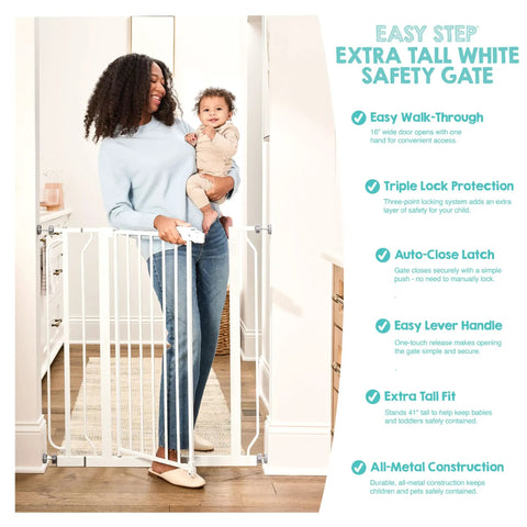 Mother holding toddler next to 36-Inch Extra Tall Baby Gate For Doorways And Bottom Of Stairs, Pressure Mounted Walk-Through Gate For Babies, Toddlers And Pets, Tested And Trusted For Over 30 Years, American Designed And Owned.