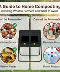 Dual Chamber Compost Tumbler 37.5 Gallon Outdoor Bin BPA Free Rotating Composter With Two Lockable Doors shown with composting guide