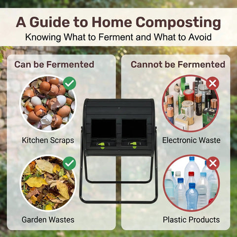 Dual Chamber Compost Tumbler 37.5 Gallon Outdoor Bin BPA Free Rotating Composter With Two Lockable Doors shown with composting guide