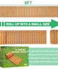 8 Ft Cedar Garden Pathway Roll Out Walkway For Patio And Beach Events, Weather-Resistant Wooden Boardwalk Path, Easy Portable Outdoor Path For Weddings, Parties, Garden Decor And Seasonal Use, shown in rolled and unrolled views with packaging.