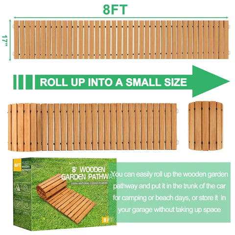 8 Ft Cedar Garden Pathway Roll Out Walkway For Patio And Beach Events, Weather-Resistant Wooden Boardwalk Path, Easy Portable Outdoor Path For Weddings, Parties, Garden Decor And Seasonal Use, shown in rolled and unrolled views with packaging.