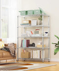 Heavy Duty Badass 5 Tier Chrome Wire Shelving Rack Ultimate Kickass Storage Organizer For Garage Kitchen Office Supporting A Massive 1750 Lbs Total Load Capacity with books and boxes.