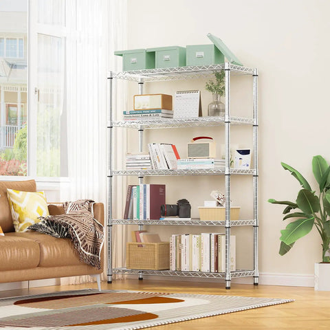 Heavy Duty Badass 5 Tier Chrome Wire Shelving Rack Ultimate Kickass Storage Organizer For Garage Kitchen Office Supporting A Massive 1750 Lbs Total Load Capacity with books and boxes.