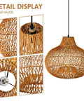 Detailed view of Boho Wicker Pendant Light For Kitchen Island And Dining Table with round rattan design and black canopy
