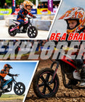 Kids Electric Dirt Bike With 24V 300W Motor, Two Speed Settings, Flashing LED Lights, Builtin Music Function, Durable Electric Bike For Ages Six And Up, Red child riding dirt track
