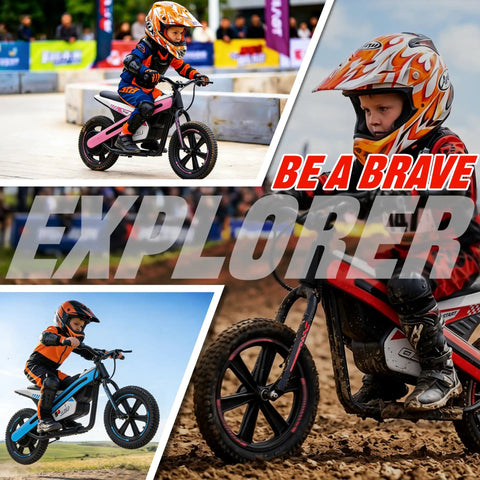 Kids Electric Dirt Bike With 24V 300W Motor, Two Speed Settings, Flashing LED Lights, Builtin Music Function, Durable Electric Bike For Ages Six And Up, Red child riding dirt track