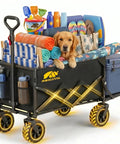Foldable Wagon Cart With Drop Down Tailgate For Groceries And Gear, Heavy Duty Utility Beach Cart With All Terrain Wheels loaded with supplies and a dog.
