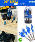 Auger Drill Bit Set For Wood, Five Piece Including One Half Inch, Five Eighths Inch, Three Quarters Inch, Seven Eighths Inch And One Inch, Four Inch Long With Quick Change Shanks, Storage Case, Impact Drill Ready, Pro Grade DIY Projects By SOMADA