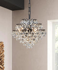 Chrome Modern Pendant Chandelier With Crystal Raindrop Lighting in living room, 11 Inch Diameter, 12 Inch Height, elegant chrome finish