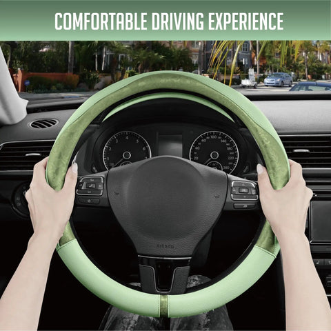 Upgrade Your Whip With This Fresh Green Patterned Steering Wheel Cover Crafted From Soft PU Leather Patchwork to deliver a comfortable grip.