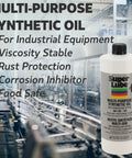 All-Purpose Synthetic Oil With Syncolon For 3D Printers, Tools And Maintenance, Waterproof, NSF Rated Heavy-Duty Industrial-Grade Lubricant For Reduced Friction And Smooth Operation, Translucent White Bottle, 4 Oz on factory background.