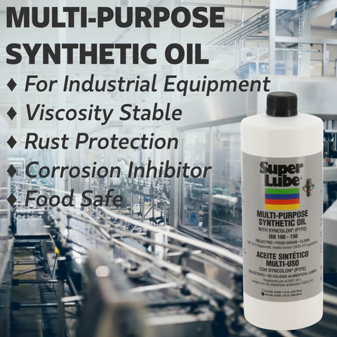 All-Purpose Synthetic Oil With Syncolon For 3D Printers, Tools And Maintenance, Waterproof, NSF Rated Heavy-Duty Industrial-Grade Lubricant For Reduced Friction And Smooth Operation, Translucent White Bottle, 4 Oz on factory background.