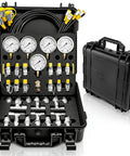 Open case displaying All-In-One Hydraulic Pressure Test Kit With Five Dual-Scale Gauges 10 to 600 Bar and 150 to 10000 PSI