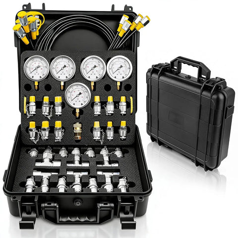 Open case displaying All-In-One Hydraulic Pressure Test Kit With Five Dual-Scale Gauges 10 to 600 Bar and 150 to 10000 PSI