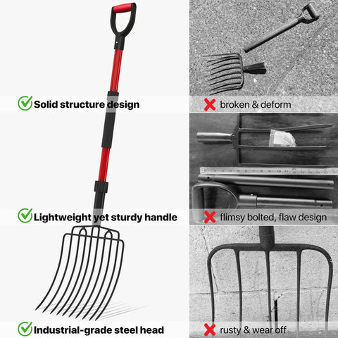 COSITA garden pitch fork with 44-inch red fiberglass handle and 10 metal tines