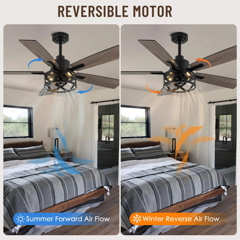 52 Inch Farmhouse Ceiling Fan With Lights And Remote, showing reversible DC motor airflow in bedroom setting