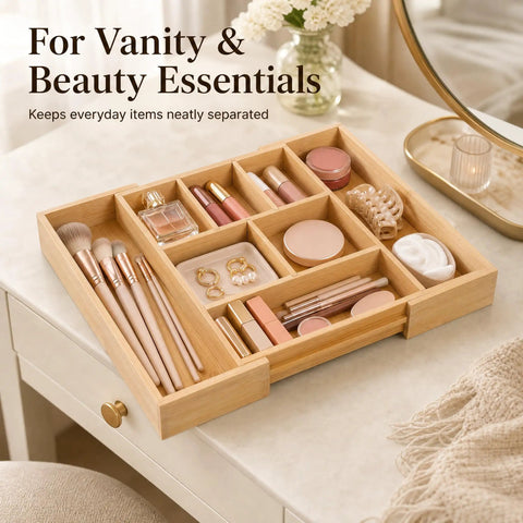 Expandable Bamboo Drawer Organizer Set With 10 Adjustable Compartments And 2 Sliding Extensions for makeup storage on vanity