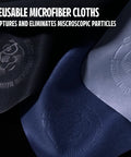 Microfiber lens cleaning cloths, light blue and navy, 6-pack; reusable for glasses and screens.