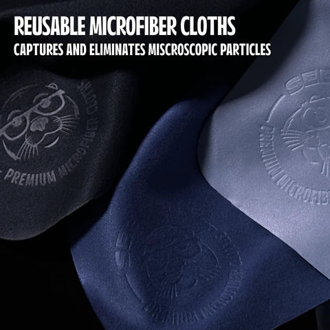 Microfiber lens cleaning cloths, light blue and navy, 6-pack; reusable for glasses and screens.