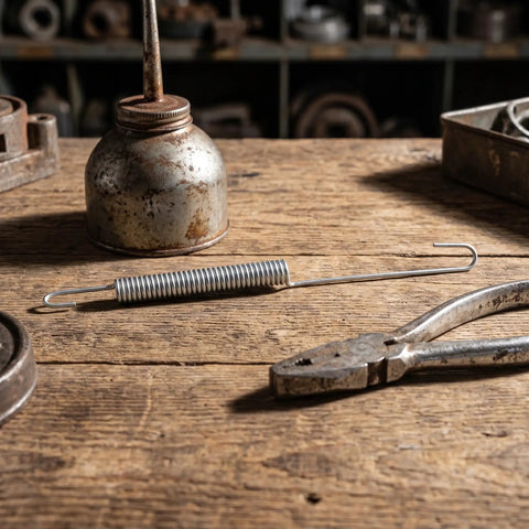 High Elasticity Tension Spring Set For Generator Throttle Rod on a wooden workbench with pliers and oil can in the background