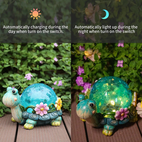 Garden Turtle Statue Outdoor Decor Resin Figurine with Glass Solar Lights glowing at night on patio