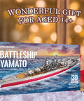 3D Metal Puzzle Military Watercraft Yamato Battleship Model Kit For Adults And Teens box with gift and decorative background.