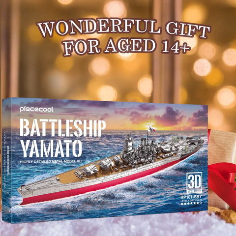 3D Metal Puzzle Military Watercraft Yamato Battleship Model Kit For Adults And Teens box with gift and decorative background.