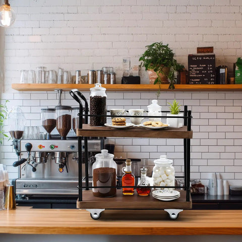 Dope Vintage Two Tier Mini Wood Coffee Bar Cart With Smooth Rolling Wheels And Spacious Dual Shelves For Any Cozy Hangout Or Quick Serve Beverage Station on wooden counter.