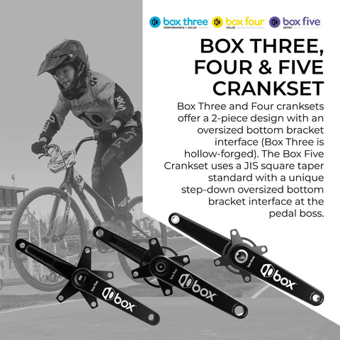 Box Three, Four & Five Crankset with JIS square taper, oversized bottom bracket interface, shown on BMX rider and components.