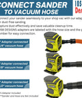Heavy Duty Sander Vacuum Adapter For Five Inch Orbital And One Quarter Sheet Sanders, Fits One And A Quarter Inch Shop Vac Hoses, Dust Collection Attachment For PCL406 And PCL401, diagram showing hose connections.