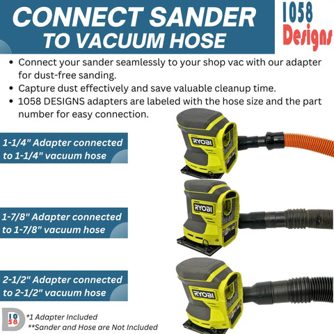 Heavy Duty Sander Vacuum Adapter For Five Inch Orbital And One Quarter Sheet Sanders, Fits One And A Quarter Inch Shop Vac Hoses, Dust Collection Attachment For PCL406 And PCL401, diagram showing hose connections.