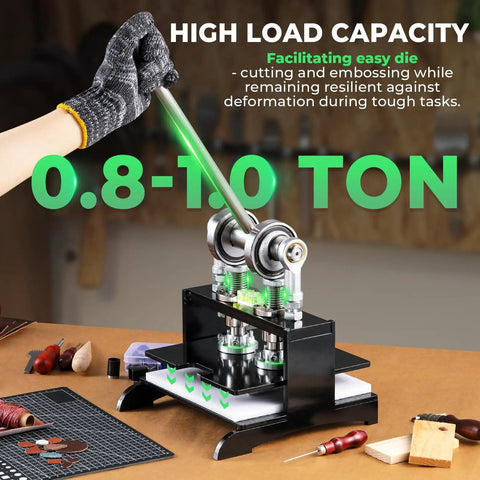 Pro Grade Leather Cutting Machine With 7.87 Inch Square Embossing Plate, Manual Die Cutter Stamping Tool shown in operation