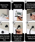 Instructions for installing waterproof cable gland set, six-step guide with measurements for outdoor enclosures and wiring projects.