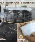 Beefy Heavy Duty Waterproof Patio Table And Chair Cover For Outdoor Furniture, Large Rectangular Universal Fit 111 Inch By 74 Inch By 28 Inch, Tear Resistant Plastic Protector, shown covering outdoor furniture with waterproof surface and folded for storage.