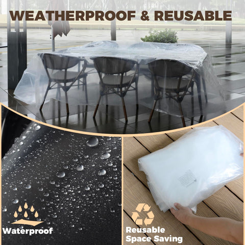 Beefy Heavy Duty Waterproof Patio Table And Chair Cover For Outdoor Furniture, Large Rectangular Universal Fit 111 Inch By 74 Inch By 28 Inch, Tear Resistant Plastic Protector, shown covering outdoor furniture with waterproof surface and folded for storage.