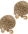 Two Pack Binder Chains With Hooks Three Eighths Inch By Twenty Foot Log Chain For Load Tie-Down Trailer Flatbed Farm Safety Tow Chain WLL 4900 Lbs G80 Heavy-Duty Transport Chains coiled on white background