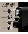 Compact Black Espresso Machine Bundle Pushing 20 Bar Pressure For Rich Creamy Crema In Just 30 Seconds. Includes cup and features.