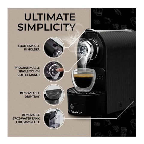 Compact Black Espresso Machine Bundle Pushing 20 Bar Pressure For Rich Creamy Crema In Just 30 Seconds. Includes cup and features.